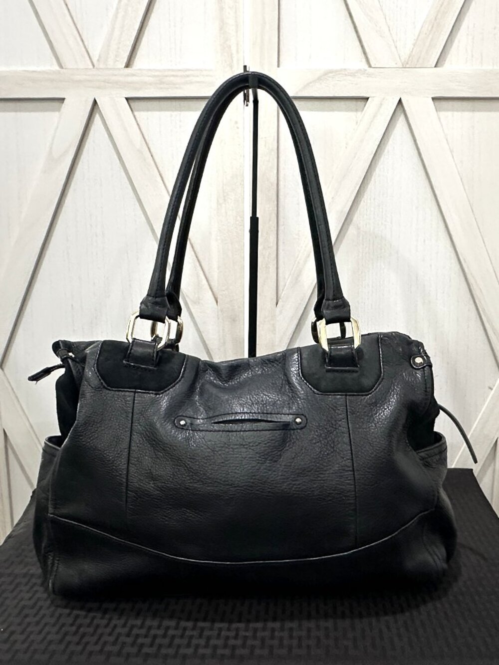 B. Makowsky Y2K Black Pebbled Leather Satchel Shoulder Bag Leopard Lining - Picture 2 of 9